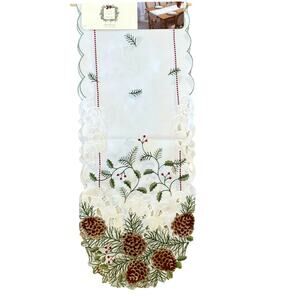Ridgefield Home Embroidered Christmas Table Runner 14x72 Pine Cones Holly Berry